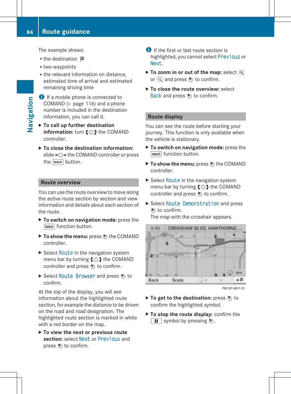Na vigation, Route guidance | Mercedes-Benz C-Coupe 2012 COMAND Manual User Manual | Page 86 / 234