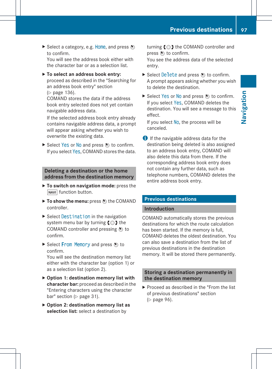Na viga tion, Previous destinations | Mercedes-Benz C-Coupe 2012 COMAND Manual User Manual | Page 99 / 234
