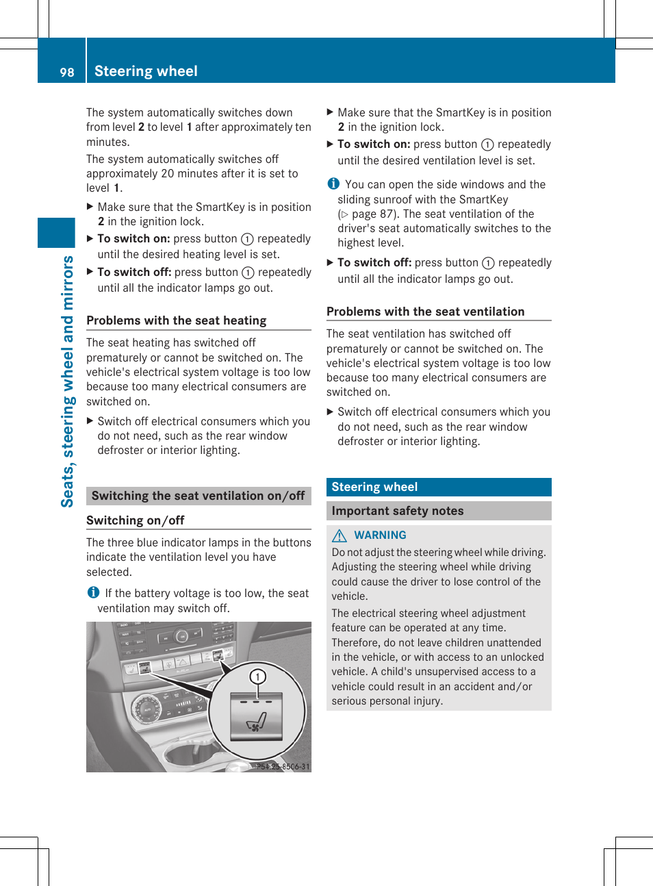 Switching the seat ventilation on/off, Steering wheel, Important safety notes | Seats, steering wheel and mirrors | Mercedes-Benz CLS-Class 2012 Owners Manual User Manual | Page 100 / 356