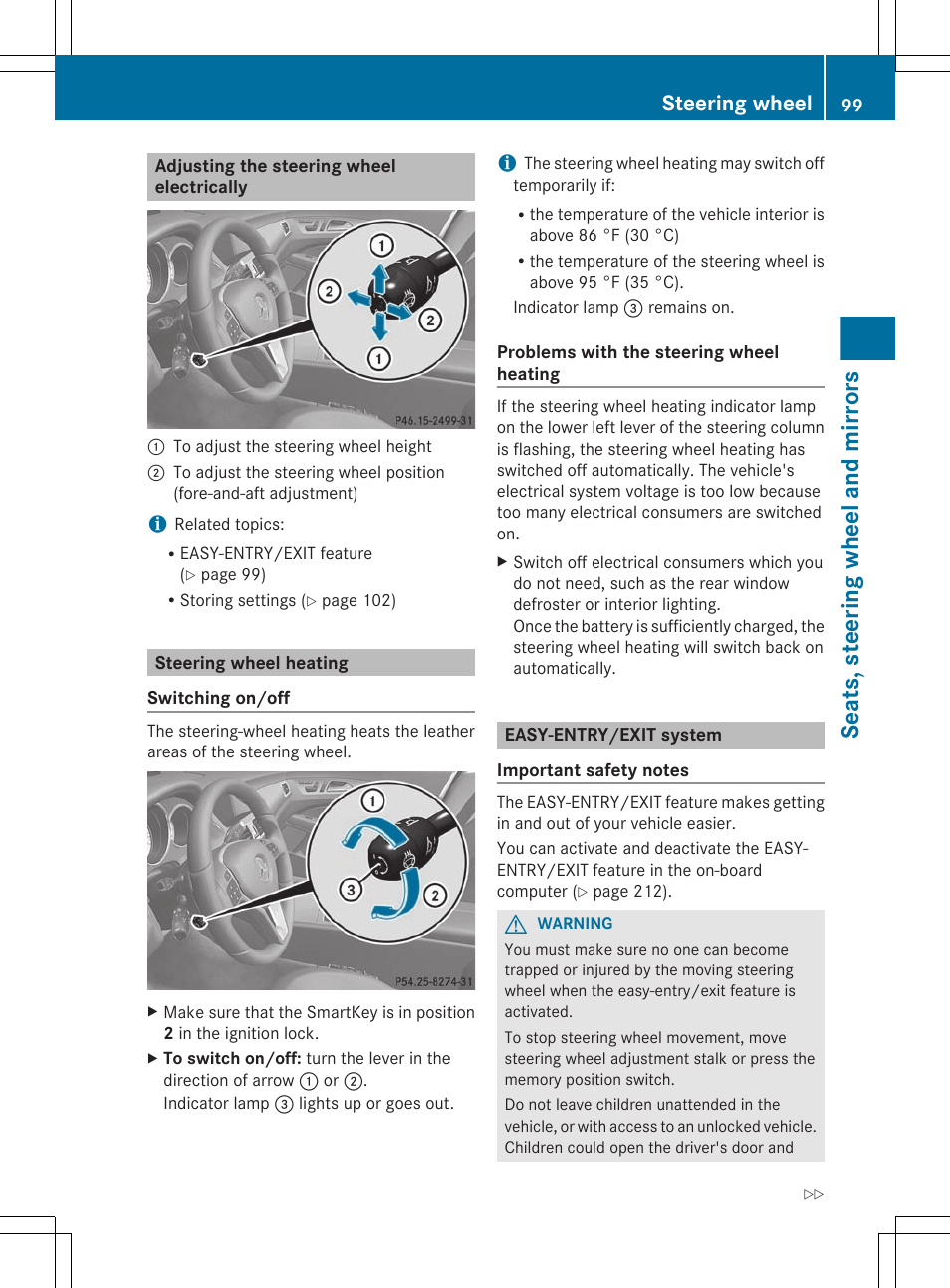 Adjusting the steering wheel electrically, Steering wheel heating, Easy-entry/exit system | Seats, steering wheel and mirrors, Steering wheel | Mercedes-Benz CLS-Class 2012 Owners Manual User Manual | Page 101 / 356