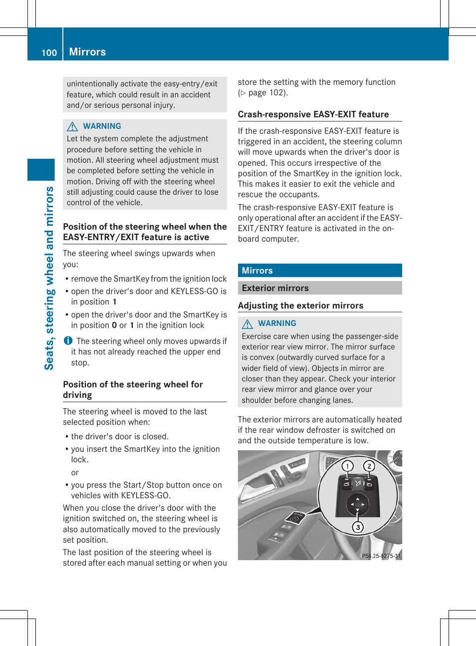 Mirrors, Exterior mirrors, Seats, steering wheel and mirrors | Mercedes-Benz CLS-Class 2012 Owners Manual User Manual | Page 102 / 356