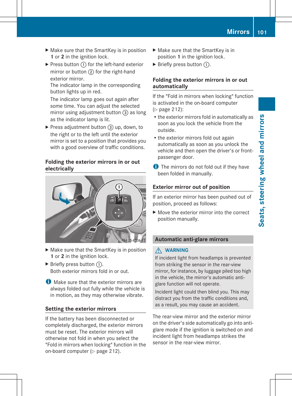 Automatic anti-glare mirrors, Seats, steering wheel and mirrors, Mirrors | Mercedes-Benz CLS-Class 2012 Owners Manual User Manual | Page 103 / 356