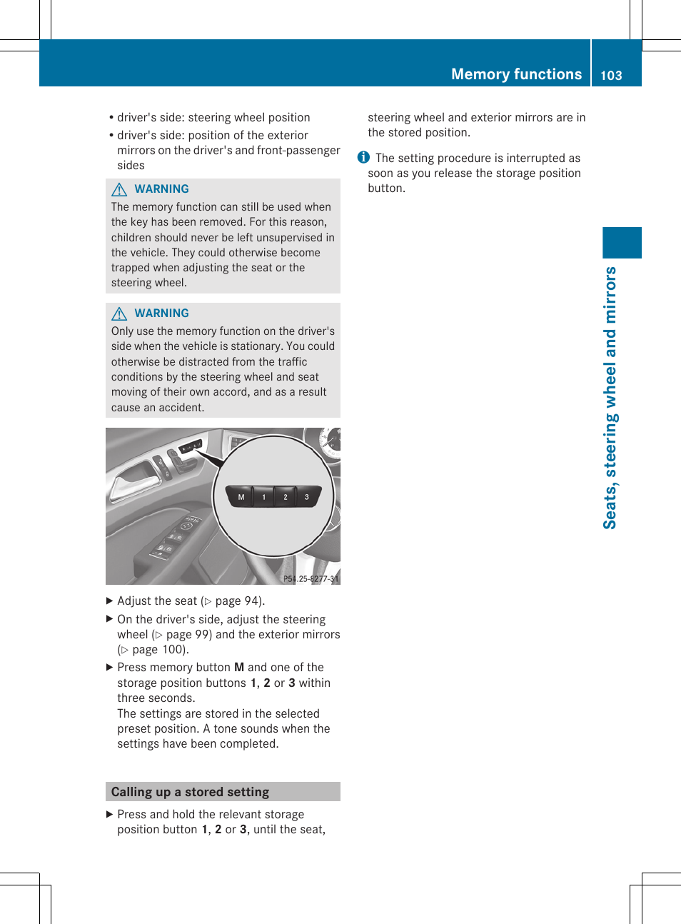 Calling up a stored setting, Seats, steering wheel and mirrors | Mercedes-Benz CLS-Class 2012 Owners Manual User Manual | Page 105 / 356