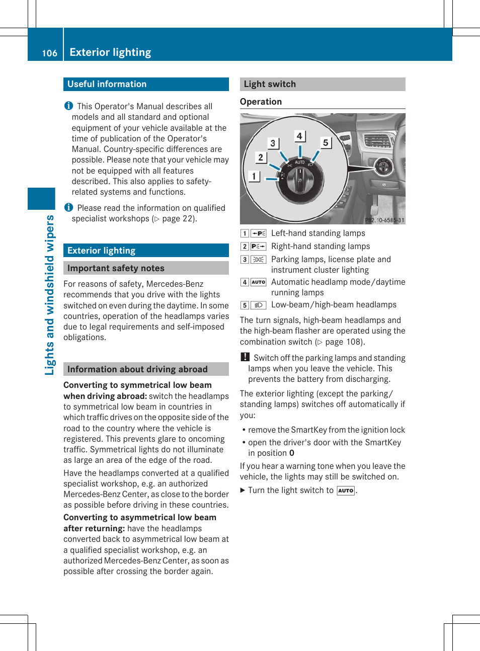 Lights and windshield wipers, Useful information, Exterior lighting | Important safety notes, Information about driving abroad, Light switch | Mercedes-Benz CLS-Class 2012 Owners Manual User Manual | Page 108 / 356