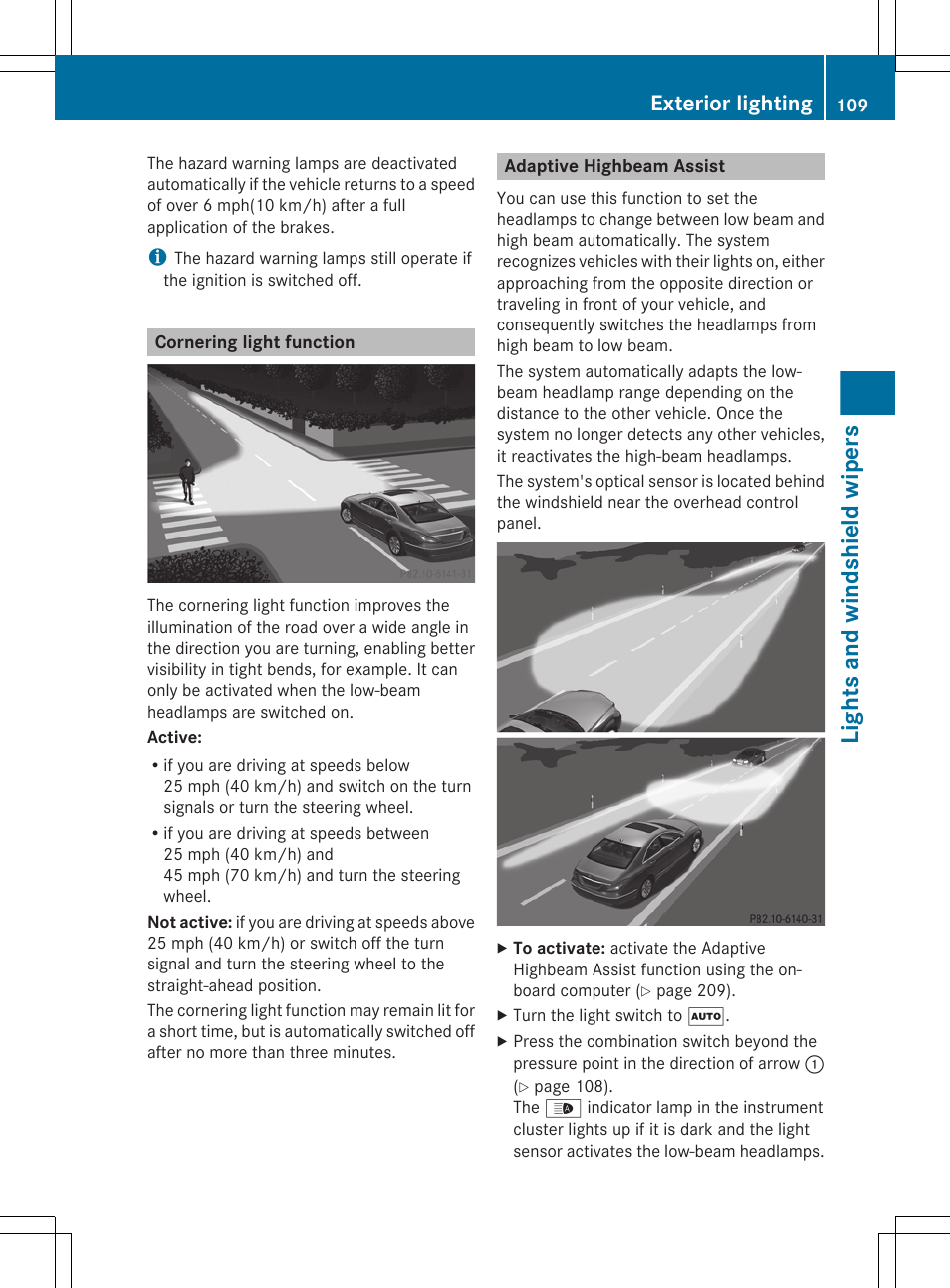 Cornering light function, Adaptive highbeam assist, Lights and windshield wipers | Exterior lighting | Mercedes-Benz CLS-Class 2012 Owners Manual User Manual | Page 111 / 356