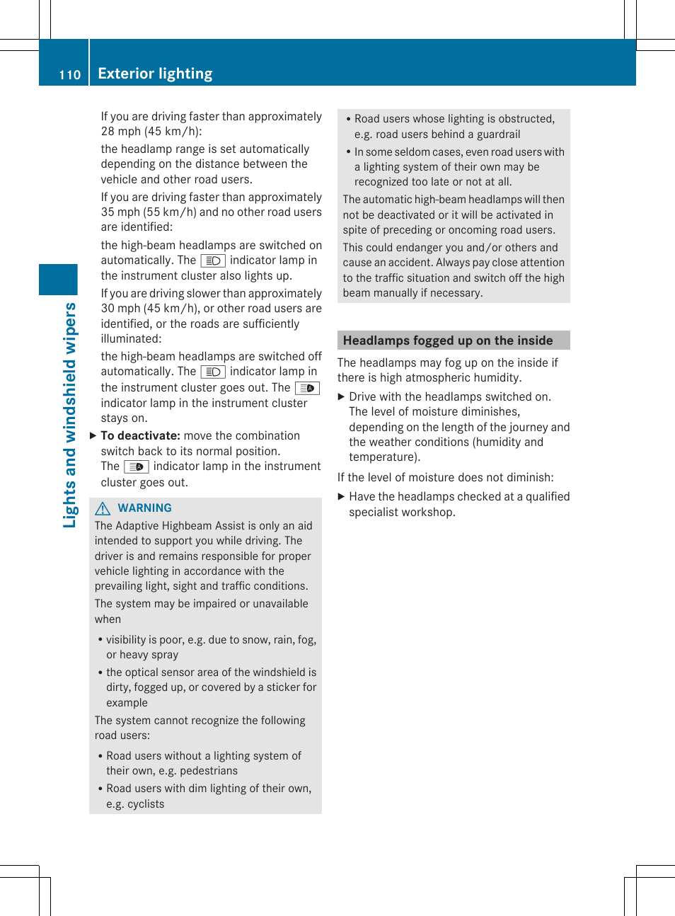 Headlamps fogged up on the inside, Lights and windshield wipers, Exterior lighting | Mercedes-Benz CLS-Class 2012 Owners Manual User Manual | Page 112 / 356
