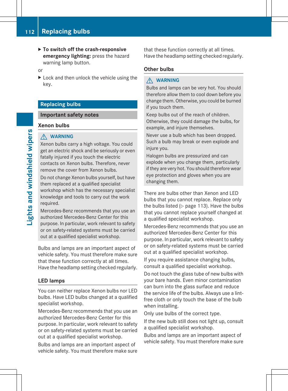 Replacing bulbs, Important safety notes, Lights and windshield wipers | Mercedes-Benz CLS-Class 2012 Owners Manual User Manual | Page 114 / 356