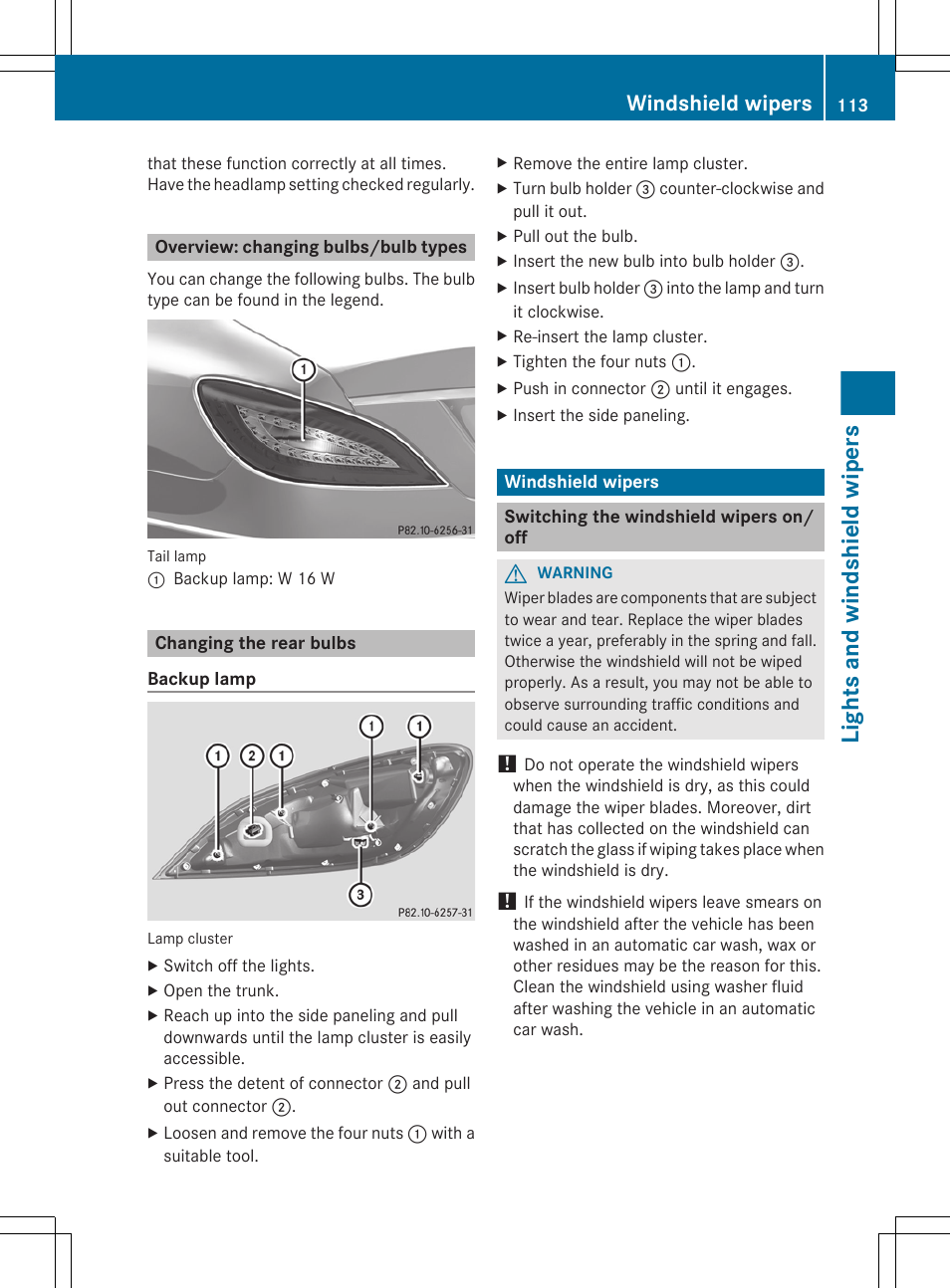 Overview: changing bulbs/bulb types, Changing the rear bulbs, Windshield wipers | Switching the windshield wipers on/off, Lights and windshield wipers | Mercedes-Benz CLS-Class 2012 Owners Manual User Manual | Page 115 / 356