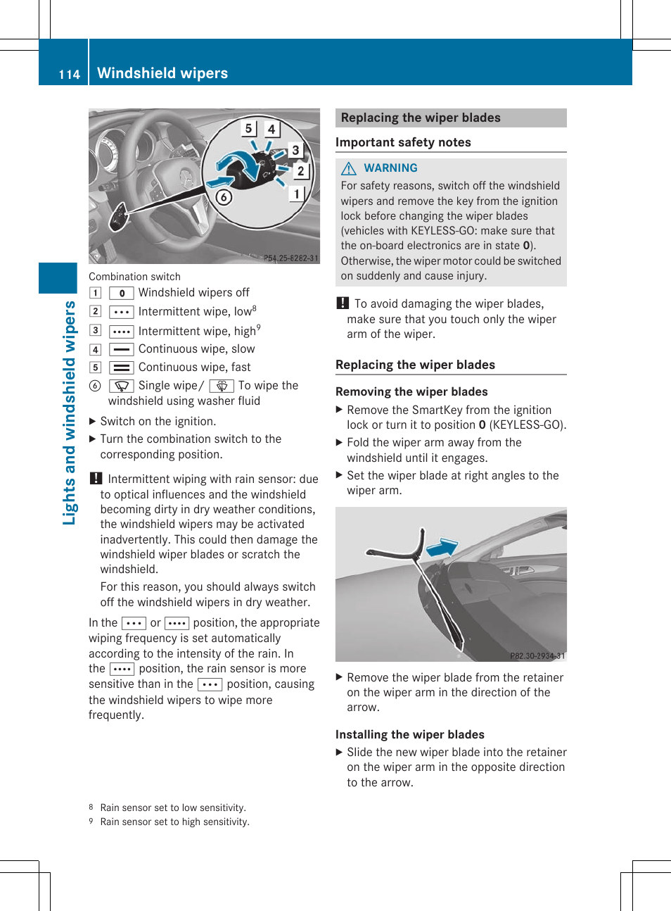 Replacing the wiper blades, Lights and windshield wipers, Windshield wipers | Mercedes-Benz CLS-Class 2012 Owners Manual User Manual | Page 116 / 356