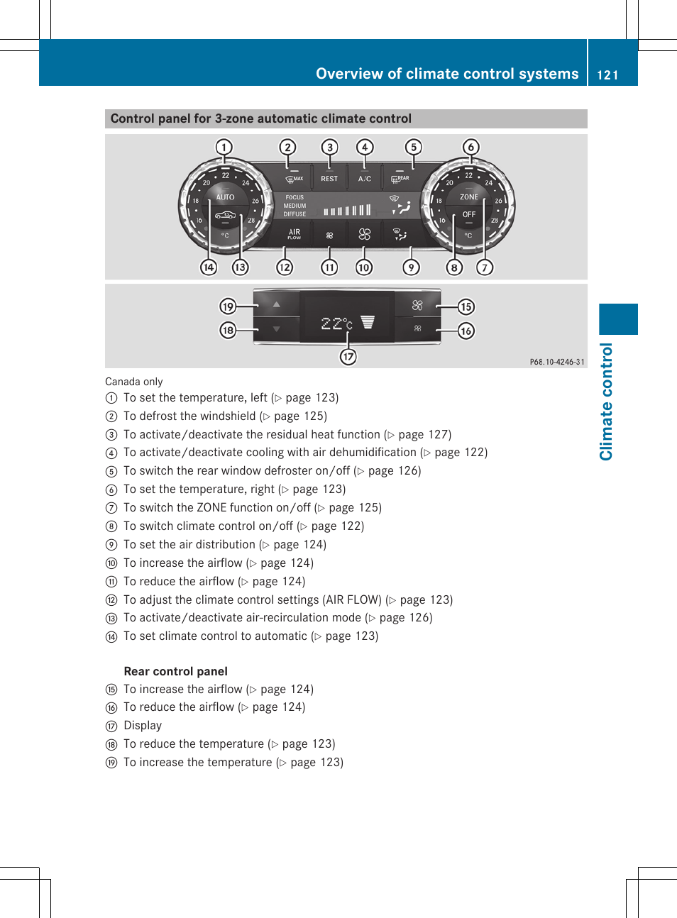 Control panel for 3-zone automatic climate control, Climate control, Overview of climate control systems | Mercedes-Benz CLS-Class 2012 Owners Manual User Manual | Page 123 / 356