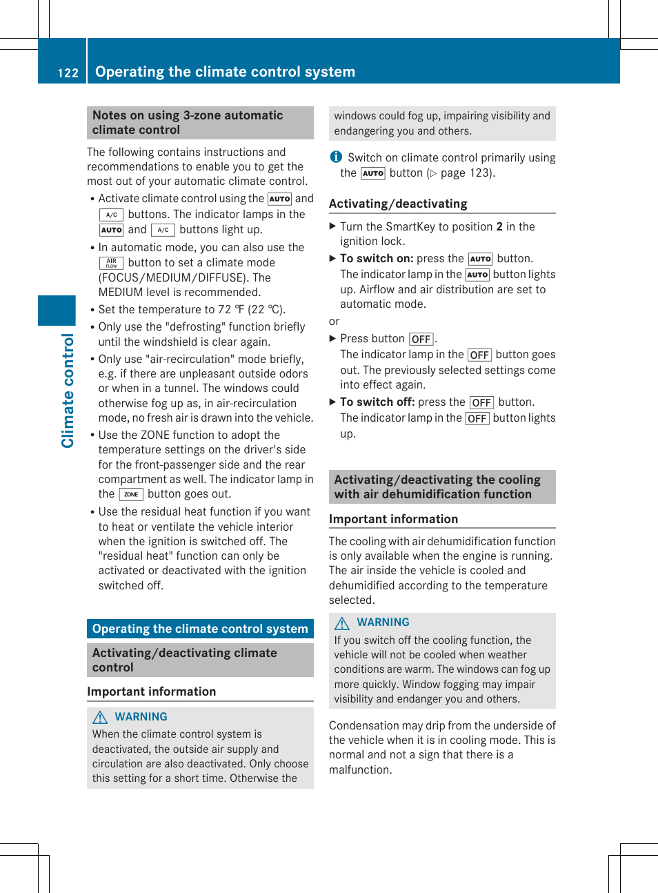 Notes on using 3-zone automatic climate control, Operating the climate control system, Activating/deactivating climate control | To switch climate control on/off, Climate control | Mercedes-Benz CLS-Class 2012 Owners Manual User Manual | Page 124 / 356