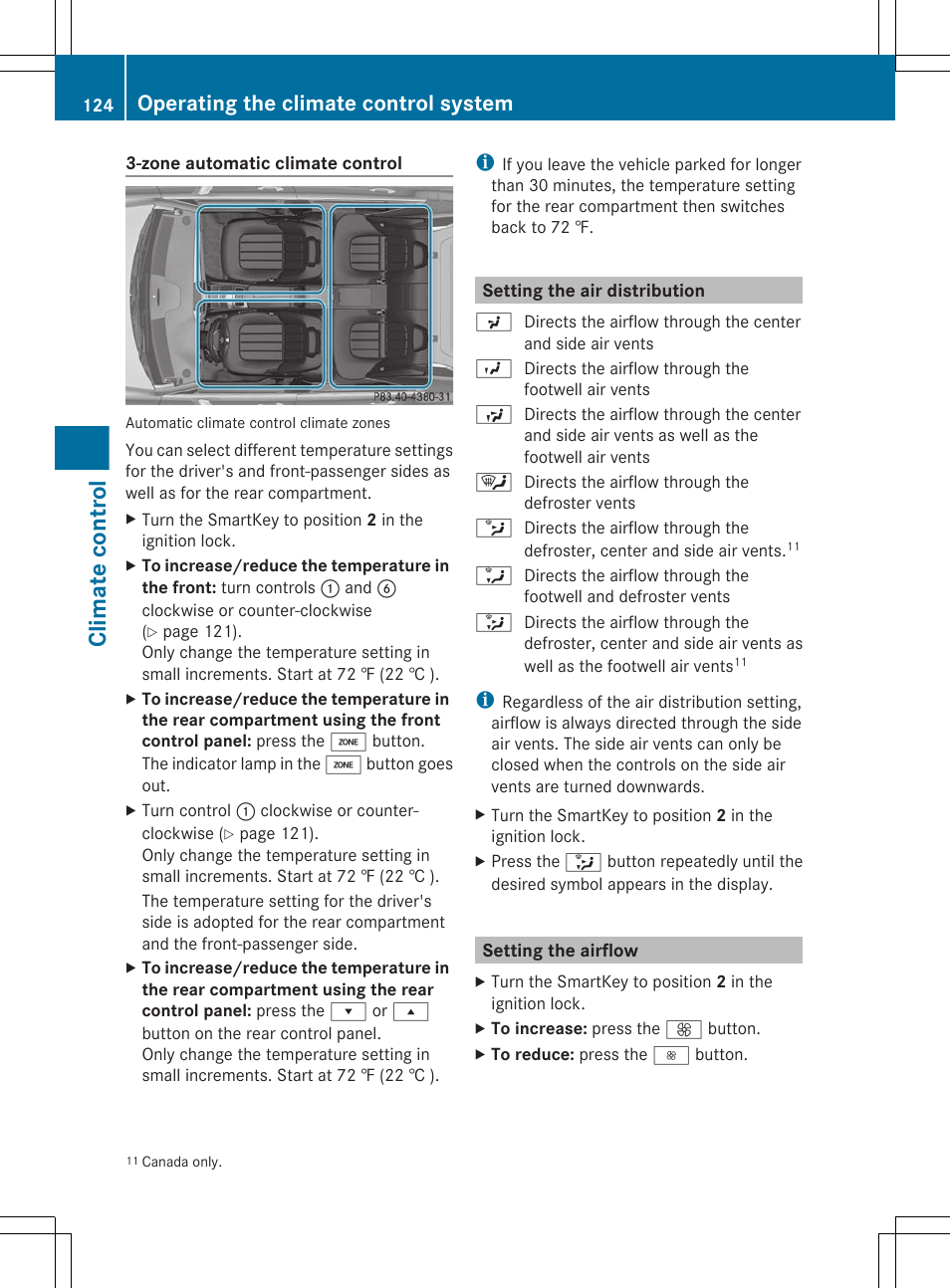 Setting the air distribution, Setting the airflow, To set the air distribution | To reduce the airflow, Climate control, Operating the climate control system | Mercedes-Benz CLS-Class 2012 Owners Manual User Manual | Page 126 / 356