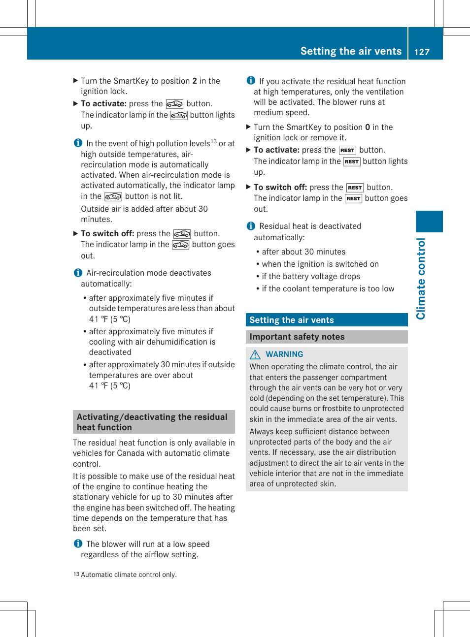 Activating/deactivating the residual heat function, Setting the air vents, Important safety notes | To activate/deactivate the residual heat function, Climate control | Mercedes-Benz CLS-Class 2012 Owners Manual User Manual | Page 129 / 356