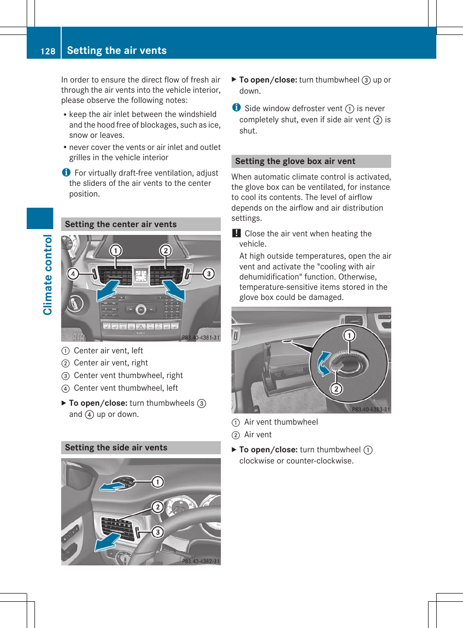 Setting the center air vents, Setting the side air vents, Setting the glove box air vent | Climate control, Setting the air vents | Mercedes-Benz CLS-Class 2012 Owners Manual User Manual | Page 130 / 356