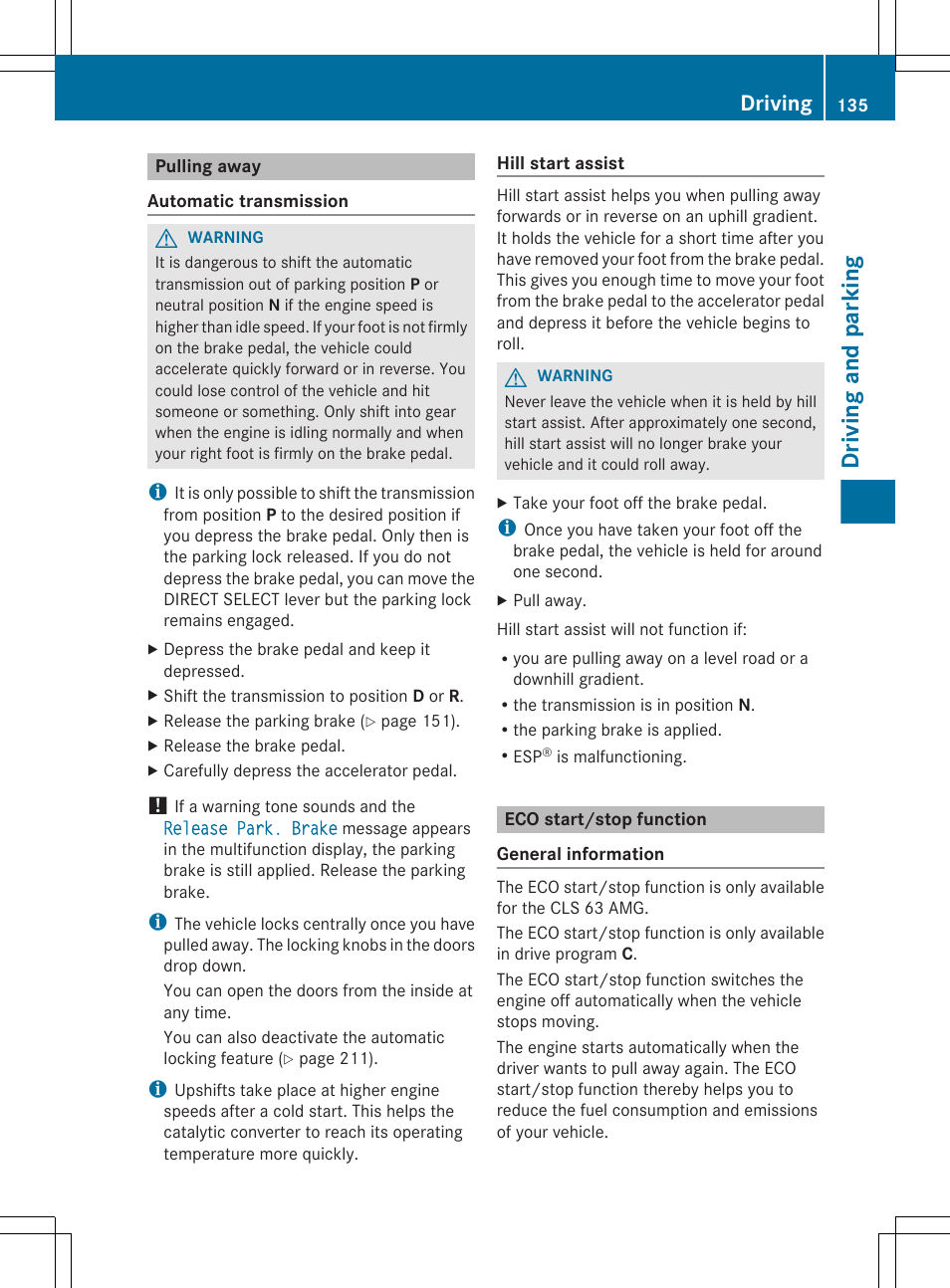 Pulling away, Eco start/stop function, Driving and parking | Driving | Mercedes-Benz CLS-Class 2012 Owners Manual User Manual | Page 137 / 356
