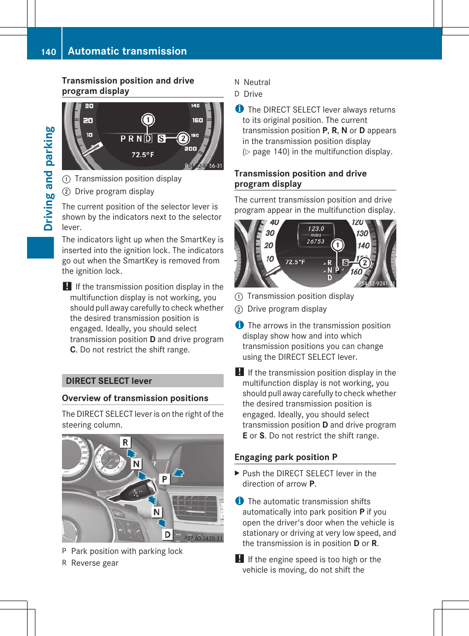 Direct select lever, Driving and parking, Automatic transmission | Mercedes-Benz CLS-Class 2012 Owners Manual User Manual | Page 142 / 356