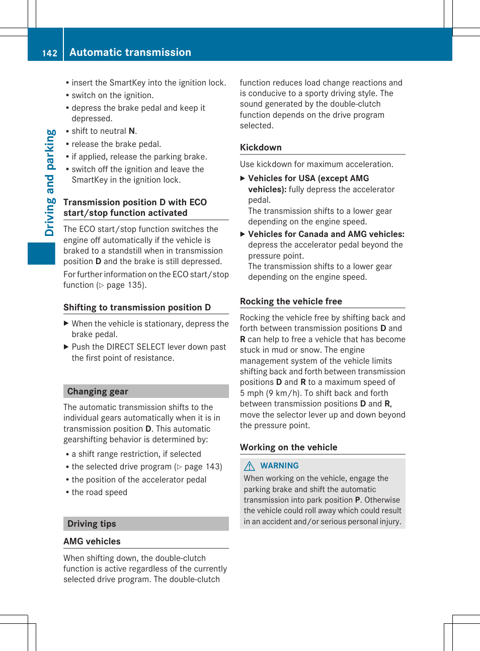 Changing gear, Driving tips, Driving and parking | Automatic transmission | Mercedes-Benz CLS-Class 2012 Owners Manual User Manual | Page 144 / 356