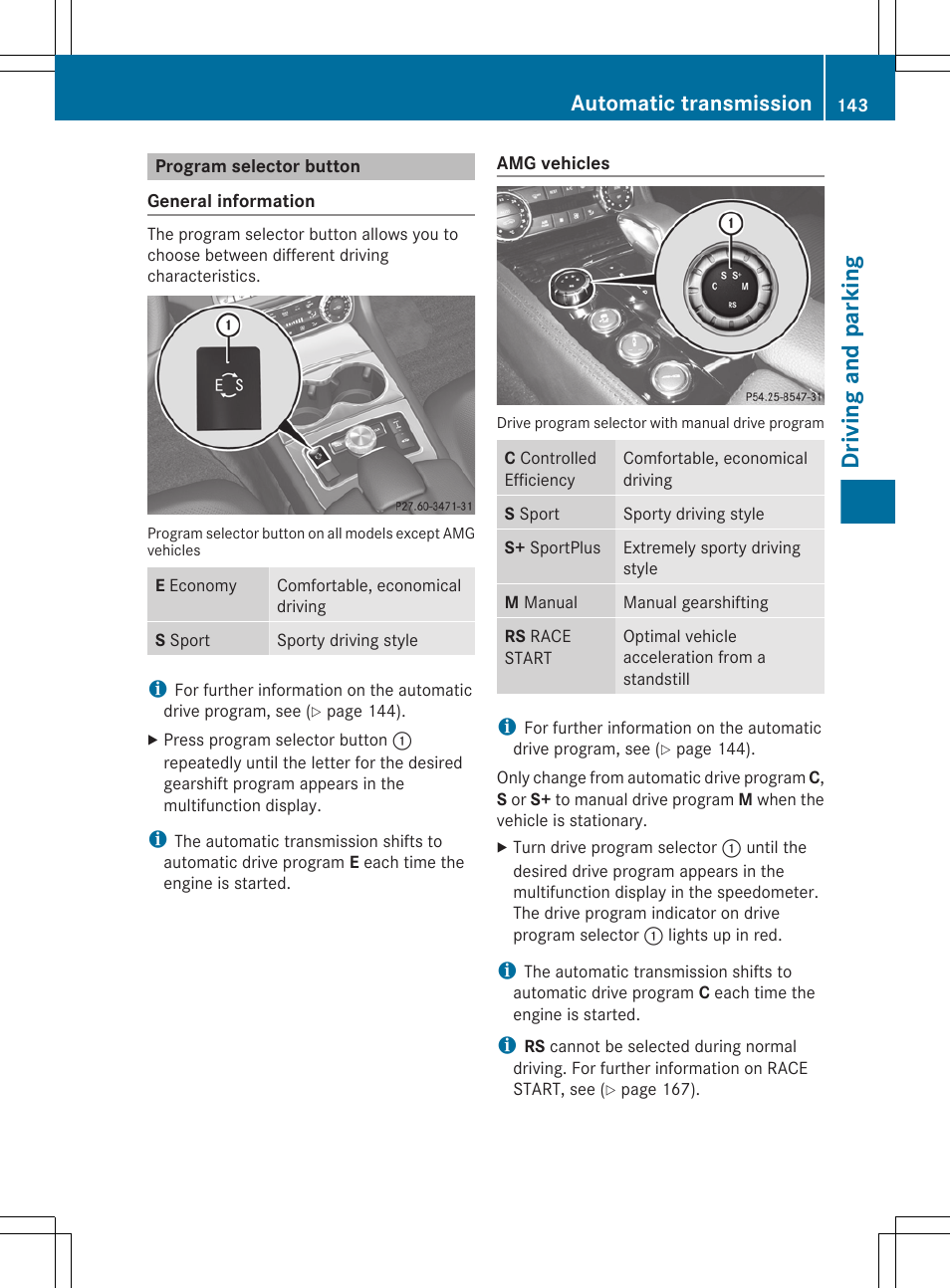 Program selector button, The selected drive program, Driving and parking | Automatic transmission | Mercedes-Benz CLS-Class 2012 Owners Manual User Manual | Page 145 / 356