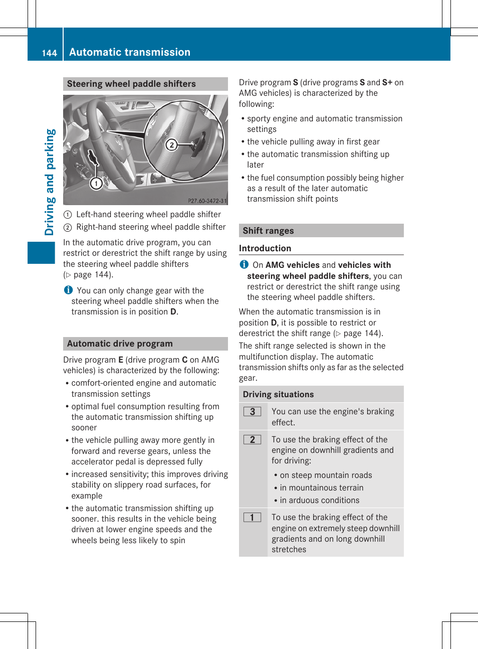 Steering wheel paddle shifters, Automatic drive program, Shift ranges | Drive program, see, Driving and parking, Automatic transmission | Mercedes-Benz CLS-Class 2012 Owners Manual User Manual | Page 146 / 356