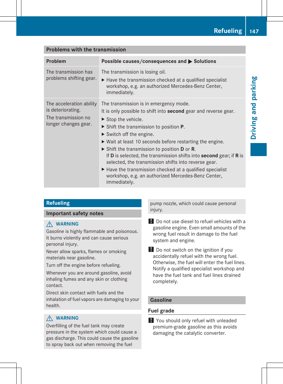 Problems with the transmission, Refueling, Important safety notes | Gasoline, Driving and parking | Mercedes-Benz CLS-Class 2012 Owners Manual User Manual | Page 149 / 356