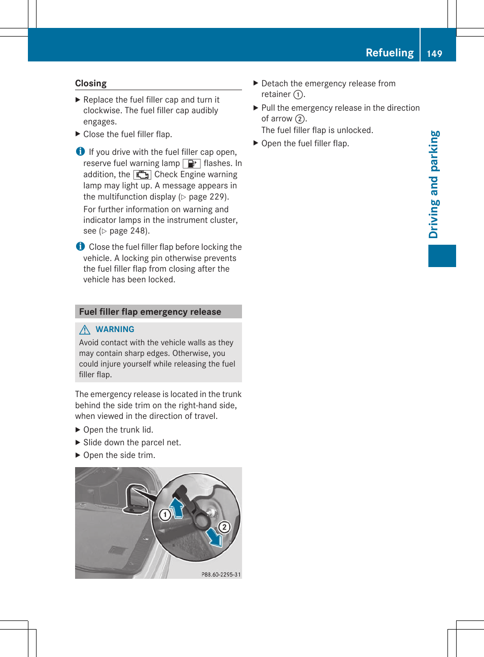 Fuel filler flap emergency release, Driving and parking, Refueling | Mercedes-Benz CLS-Class 2012 Owners Manual User Manual | Page 151 / 356