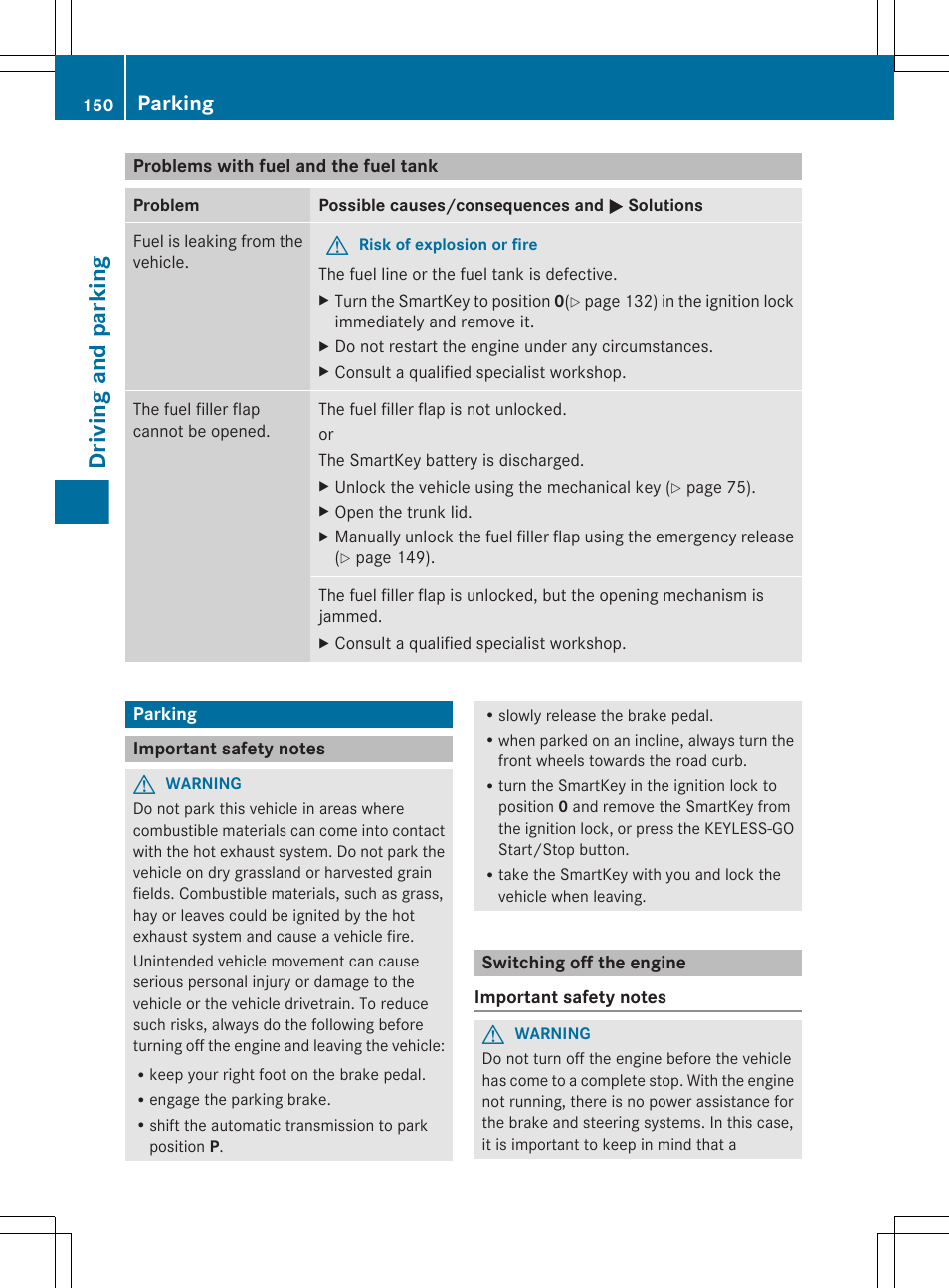 Problems with fuel and the fuel tank, Parking, Important safety notes | Switching off the engine, Driving and parking | Mercedes-Benz CLS-Class 2012 Owners Manual User Manual | Page 152 / 356