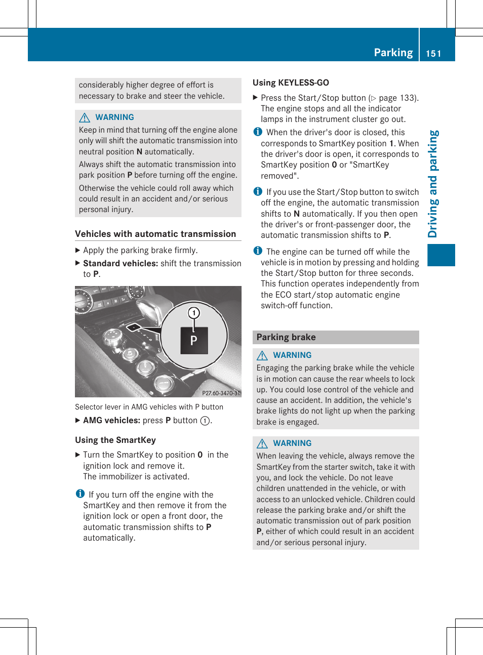 Parking brake, Driving and parking, Parking | Mercedes-Benz CLS-Class 2012 Owners Manual User Manual | Page 153 / 356