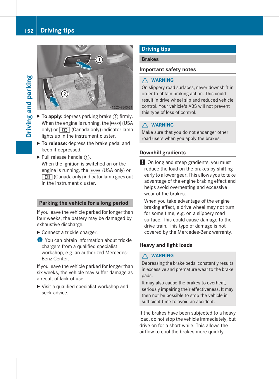Parking the vehicle for a long period, Driving tips, Brakes | Driving and parking | Mercedes-Benz CLS-Class 2012 Owners Manual User Manual | Page 154 / 356