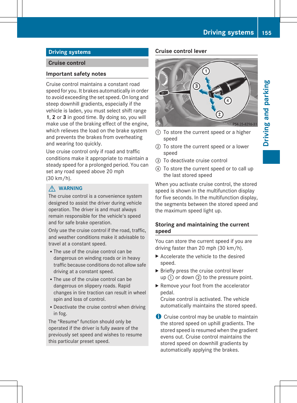 Driving systems, Cruise control, Driving and parking | Mercedes-Benz CLS-Class 2012 Owners Manual User Manual | Page 157 / 356