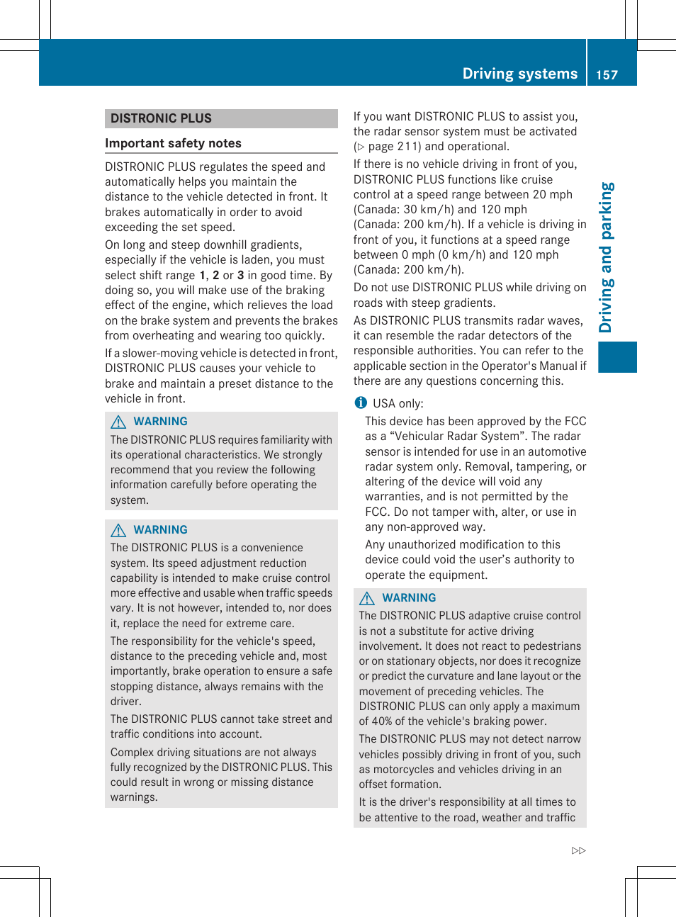 Distronic plus, Driving and parking, Driving systems | Mercedes-Benz CLS-Class 2012 Owners Manual User Manual | Page 159 / 356