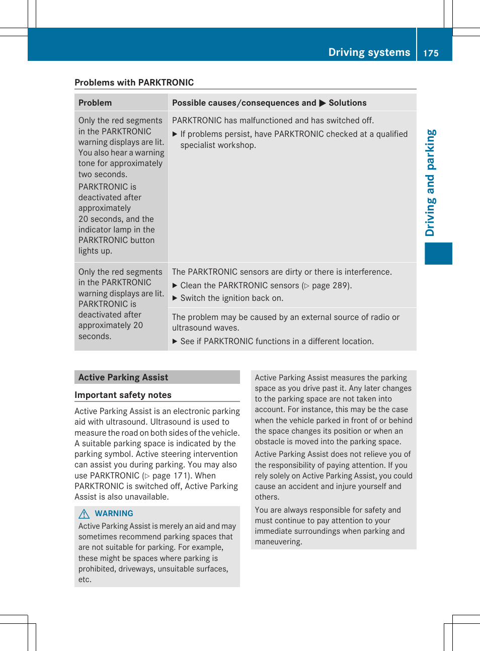 Active parking assist, Driving and parking, Driving systems | Mercedes-Benz CLS-Class 2012 Owners Manual User Manual | Page 177 / 356