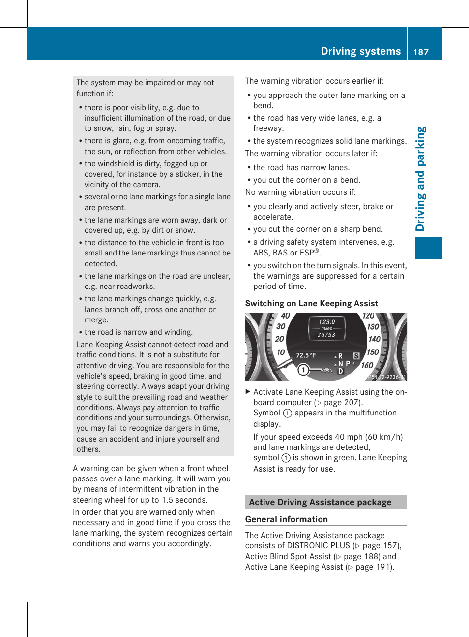 Active driving assistance package, Driving and parking, Driving systems | Mercedes-Benz CLS-Class 2012 Owners Manual User Manual | Page 189 / 356