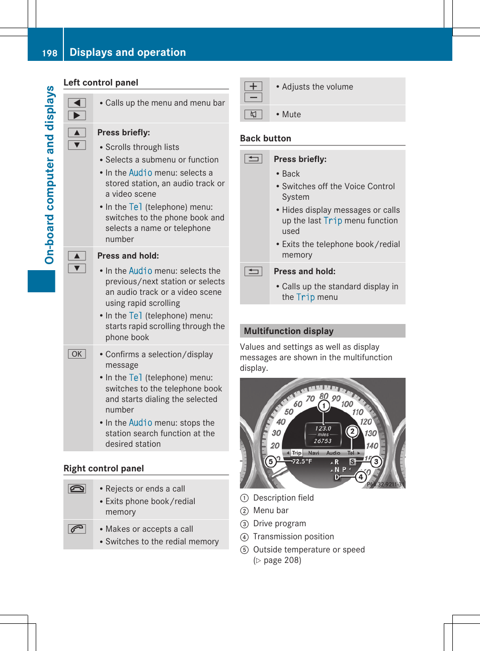 Multifunction display, On-board computer and displays, Displays and operation | Mercedes-Benz CLS-Class 2012 Owners Manual User Manual | Page 200 / 356