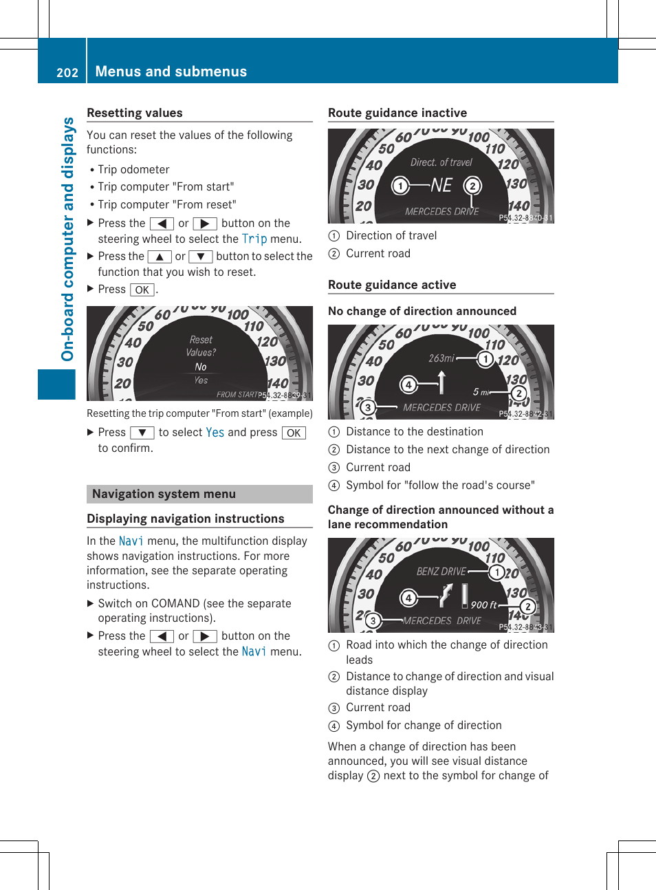 Navigation system menu, Menu (navigation instructions), On-board computer and displays | Menus and submenus | Mercedes-Benz CLS-Class 2012 Owners Manual User Manual | Page 204 / 356