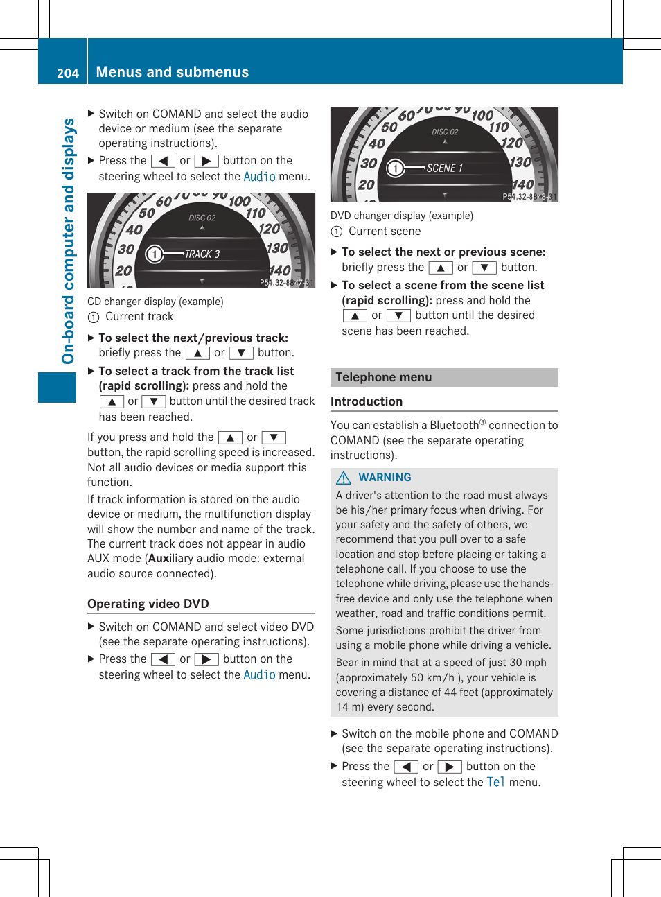 Telephone menu, Menu (telephone), On-board computer and displays | Menus and submenus | Mercedes-Benz CLS-Class 2012 Owners Manual User Manual | Page 206 / 356
