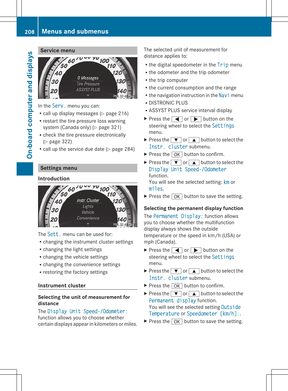 Service menu, Settings menu, Speed-/odometer | Menu, On-board computer and displays, Menus and submenus | Mercedes-Benz CLS-Class 2012 Owners Manual User Manual | Page 210 / 356