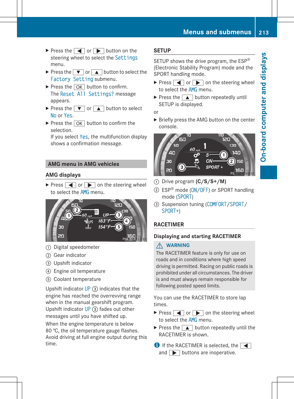 Amg menu in amg vehicles, Menu in amg vehicles, On-board computer and displays | Menus and submenus | Mercedes-Benz CLS-Class 2012 Owners Manual User Manual | Page 215 / 356
