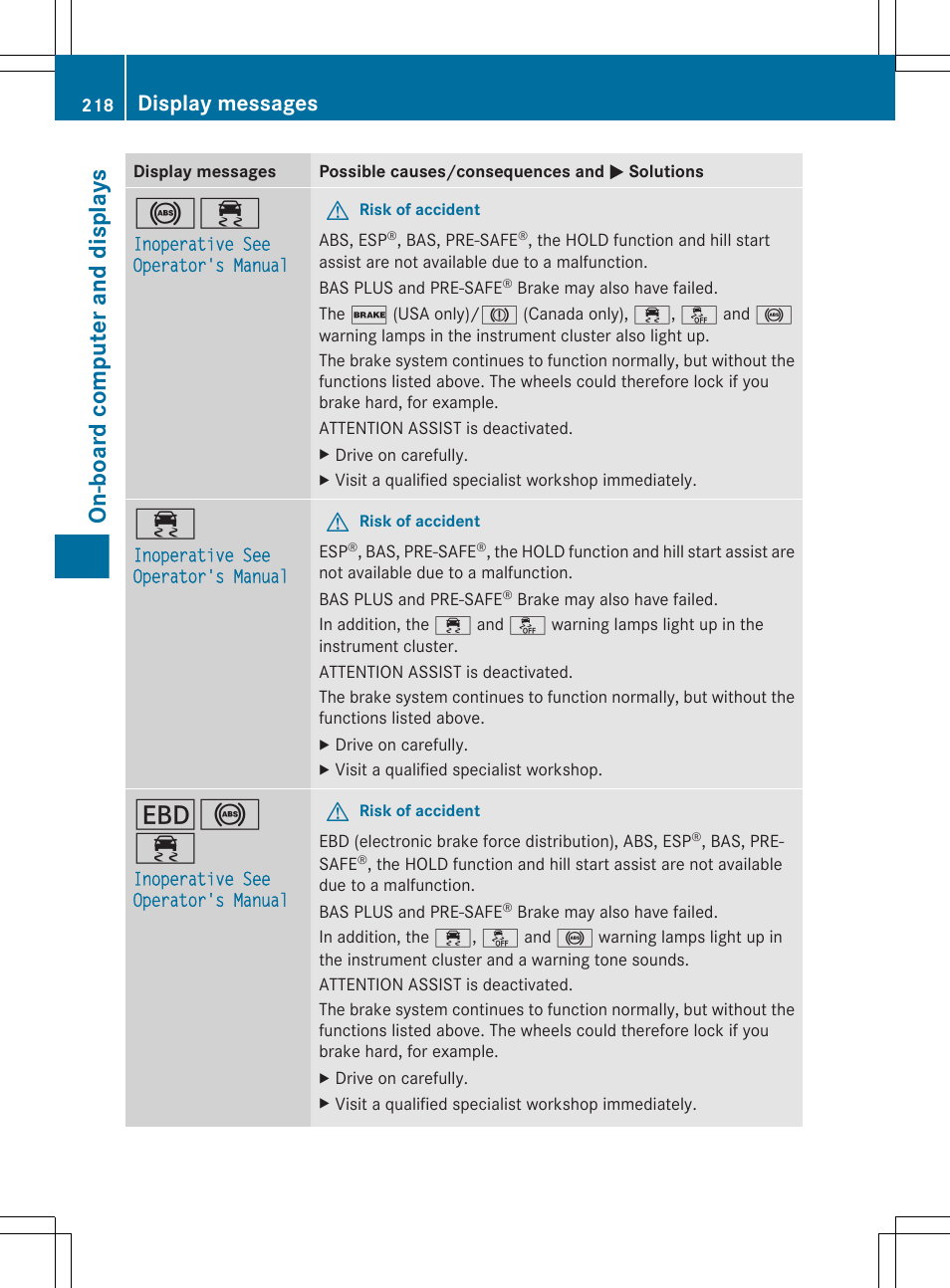 Messages, On-board computer and displays, Display messages | Mercedes-Benz CLS-Class 2012 Owners Manual User Manual | Page 220 / 356