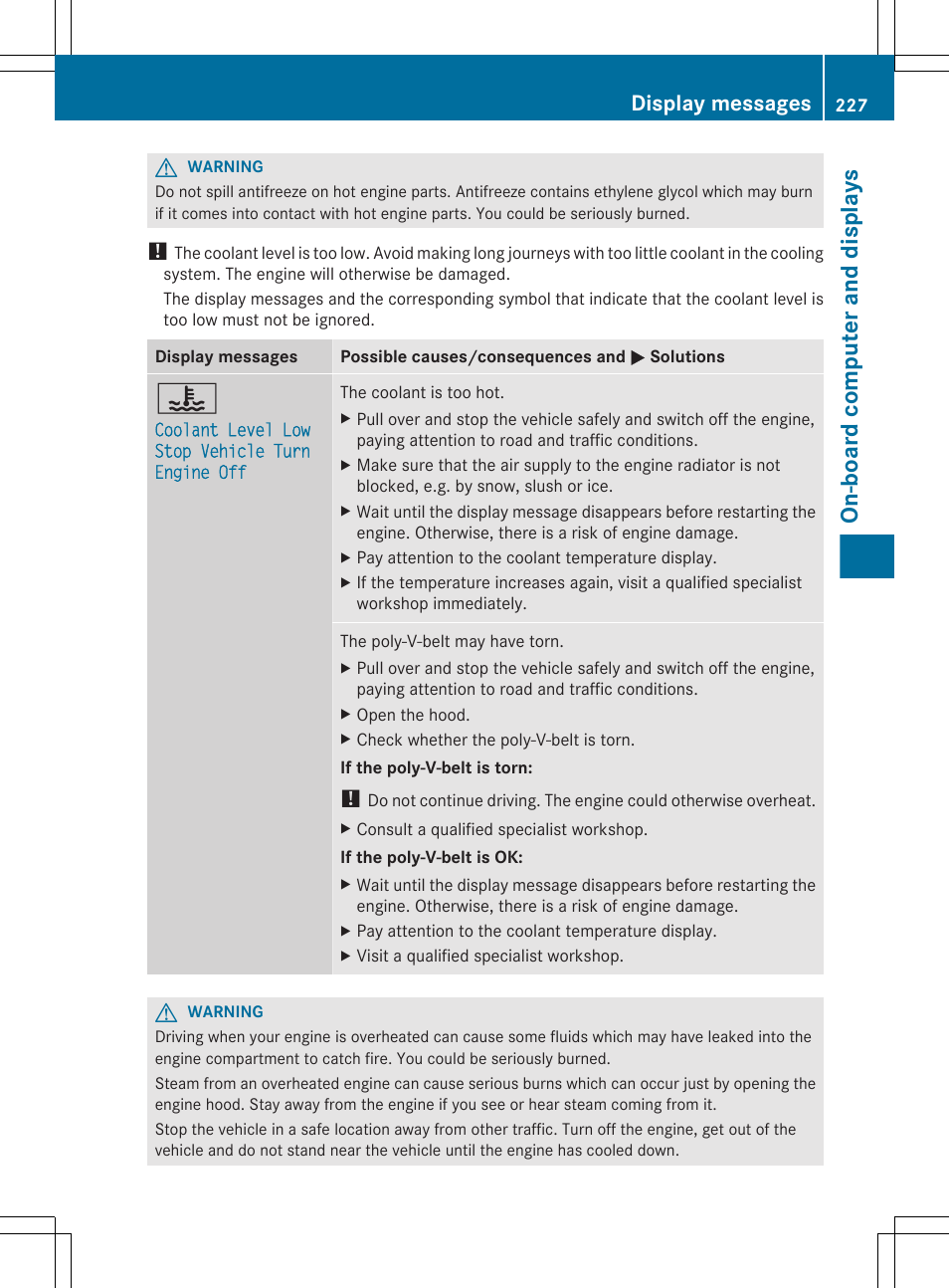 On-board computer and displays, Display messages | Mercedes-Benz CLS-Class 2012 Owners Manual User Manual | Page 229 / 356