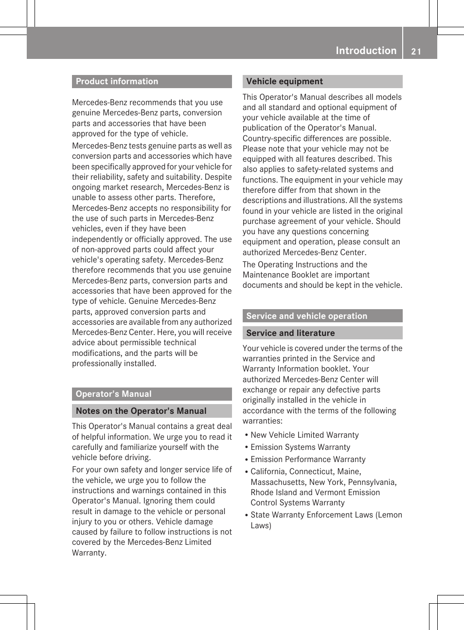 Introduction, Product information, Operator's manual | Notes on the operator's manual, Vehicle equipment, Service and vehicle operation, Service and literature | Mercedes-Benz CLS-Class 2012 Owners Manual User Manual | Page 23 / 356