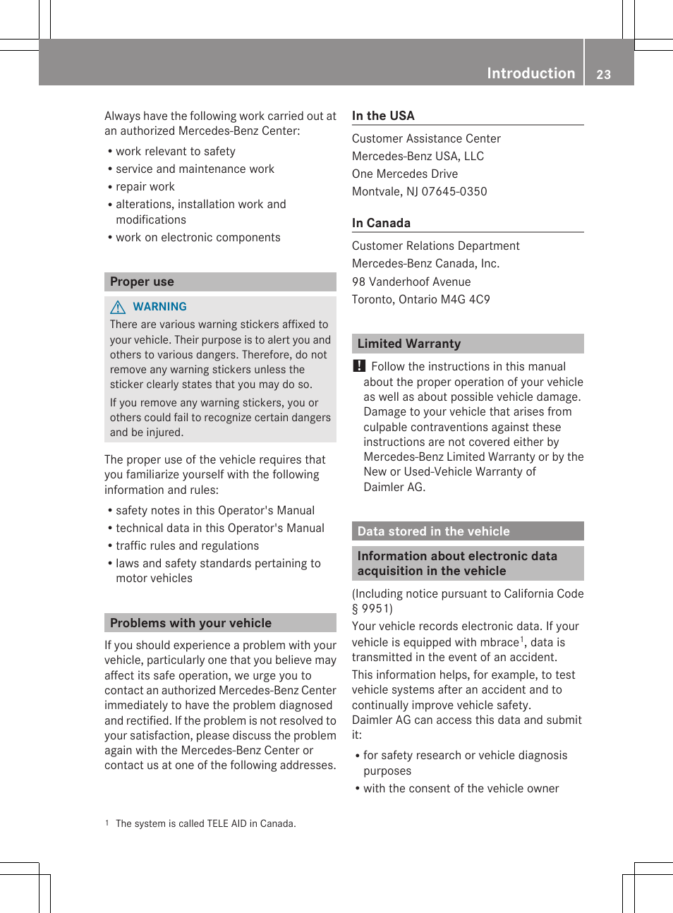 Proper use, Problems with your vehicle, Limited warranty | Data stored in the vehicle, Introduction | Mercedes-Benz CLS-Class 2012 Owners Manual User Manual | Page 25 / 356
