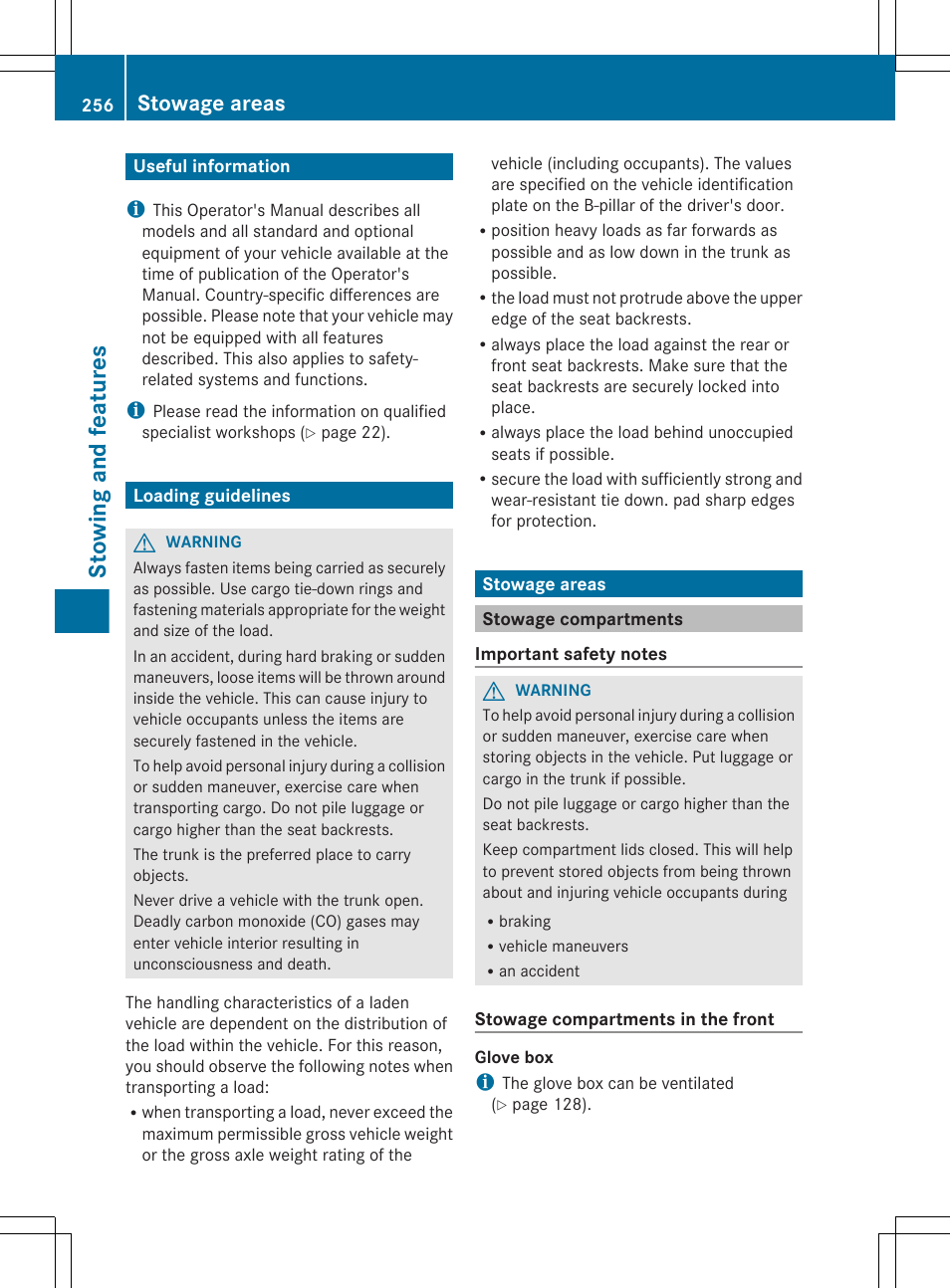 Stowing and features, Useful information, Loading guidelines | Stowage areas, Stowage compartments | Mercedes-Benz CLS-Class 2012 Owners Manual User Manual | Page 258 / 356