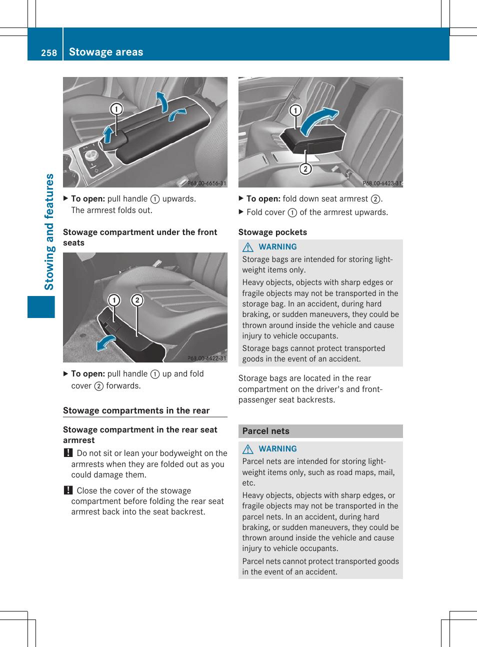 Parcel nets, Stowing and features, Stowage areas | Mercedes-Benz CLS-Class 2012 Owners Manual User Manual | Page 260 / 356