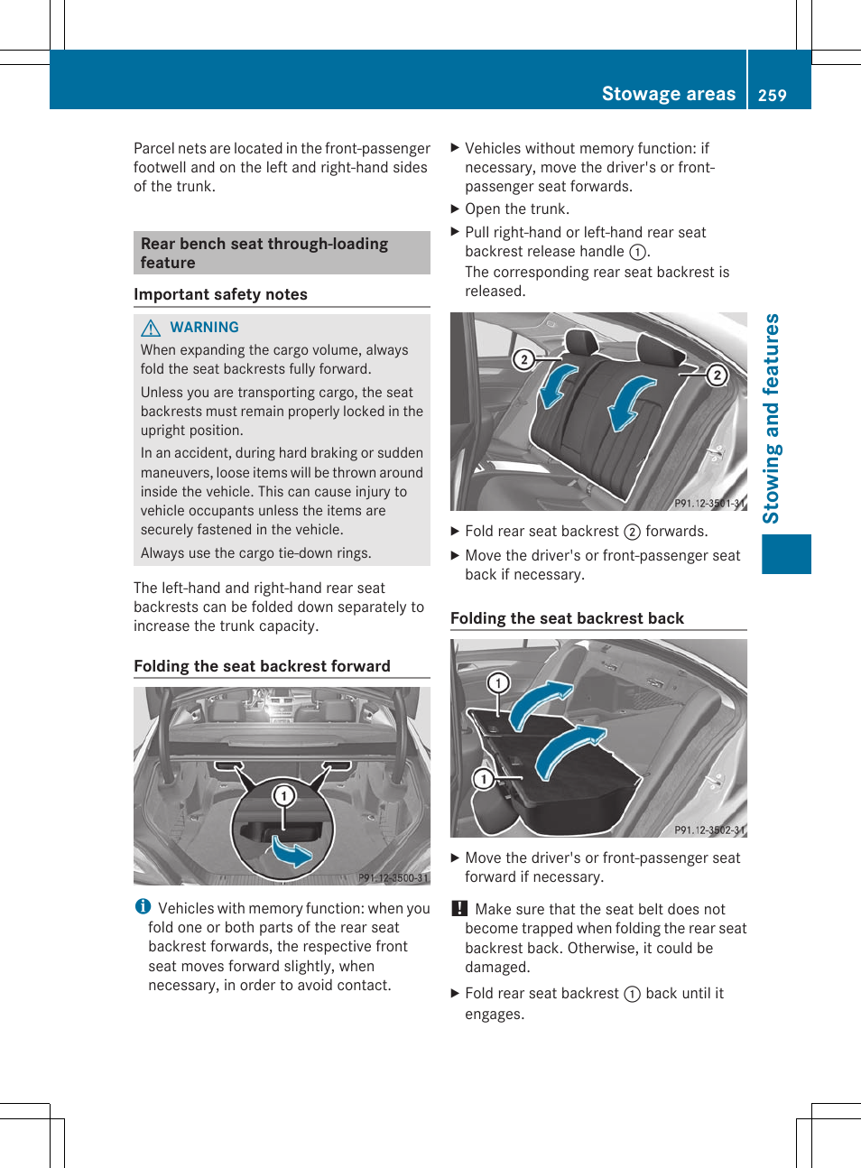 Rear bench seat through-loading feature, Stowing and features, Stowage areas | Mercedes-Benz CLS-Class 2012 Owners Manual User Manual | Page 261 / 356