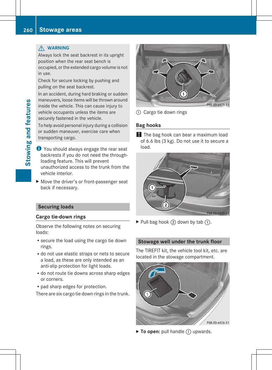 Securing loads, Stowage well under the trunk floor, Stowing and features | Stowage areas | Mercedes-Benz CLS-Class 2012 Owners Manual User Manual | Page 262 / 356
