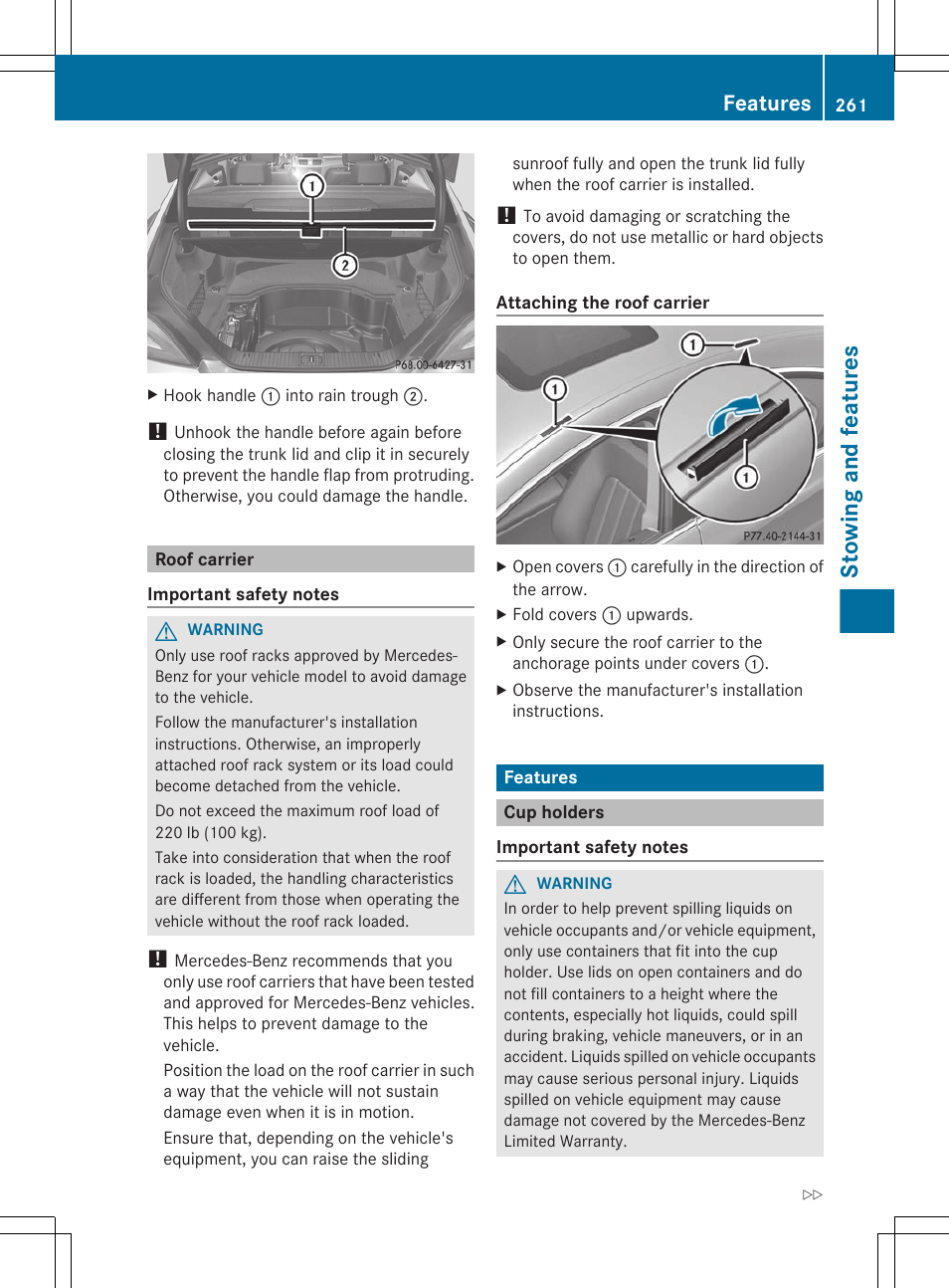 Roof carrier, Features, Cup holders | Stowing and features | Mercedes-Benz CLS-Class 2012 Owners Manual User Manual | Page 263 / 356