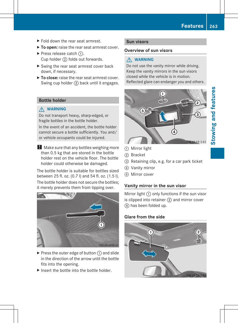 Bottle holder, Sun visors, Stowing and features | Features | Mercedes-Benz CLS-Class 2012 Owners Manual User Manual | Page 265 / 356