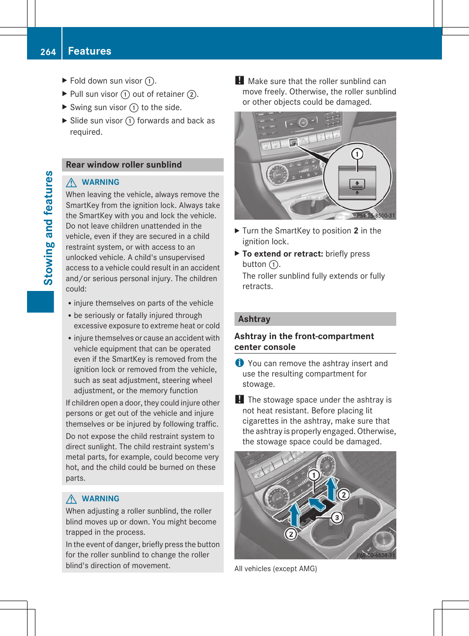 Rear window roller sunblind, Ashtray, Stowing and features | Features | Mercedes-Benz CLS-Class 2012 Owners Manual User Manual | Page 266 / 356