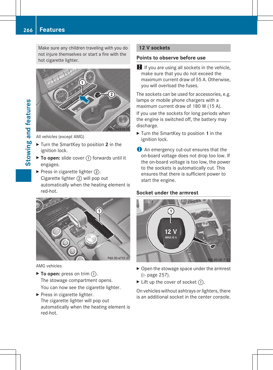 12 v sockets, Stowing and features, Features | Mercedes-Benz CLS-Class 2012 Owners Manual User Manual | Page 268 / 356