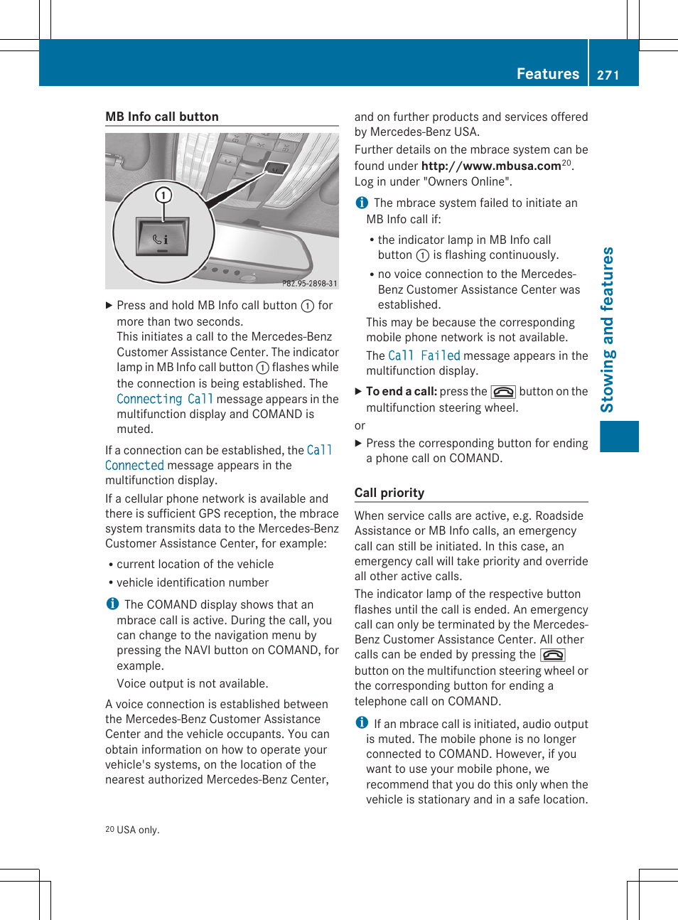 Stowing and features, Features | Mercedes-Benz CLS-Class 2012 Owners Manual User Manual | Page 273 / 356
